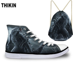 ThiKin Cool Classic Godzilla Monster Print Canvas Shoes Women Lace Up Fashion High Top Sneakers Breathable Ladies Shoes Custom