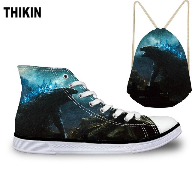 ThiKin Cool Classic Godzilla Monster Print Canvas Shoes Women Lace Up Fashion High Top Sneakers Breathable Ladies Shoes Custom