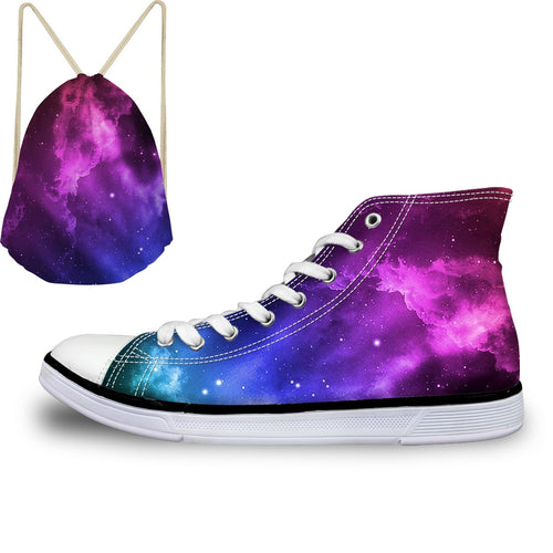 ThiKin Pretty Colorful Galaxy Stars Print Canvas Shoes for Women Girls Ladies Casual High Top Vulcanize Shoes Lace Up Sneaker