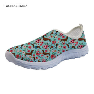 THIKIN Floral Women Casual Flats Shoes Cute Dachshund Dog Printed Mesh Sneakers for Summer Personalized Leisure Street Loafer