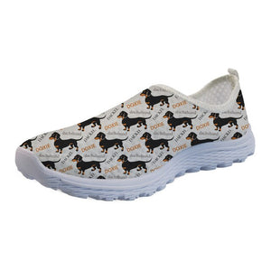 THIKIN Floral Women Casual Flats Shoes Cute Dachshund Dog Printed Mesh Sneakers for Summer Personalized Leisure Street Loafer