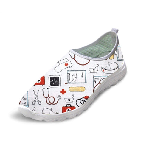 THIKIN Mesh Shoes for Women Breathable Summer Sneakers 3D Cute White Cartoon Nurse Bear Print Personalized for Ladies Flats