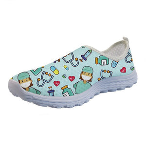 THIKIN Mesh Shoes for Women Breathable Summer Sneakers 3D Cute White Cartoon Nurse Bear Print Personalized for Ladies Flats