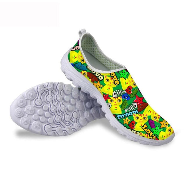 THIKIN Mesh Surface Flat Shoes for Woman 3D Graffiti Pattern Breathable Slip-On Lightweight Fashion Ladies Flat Student Sneakers