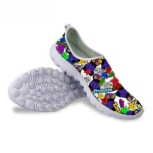 THIKIN Mesh Surface Flat Shoes for Woman 3D Graffiti Pattern Breathable Slip-On Lightweight Fashion Ladies Flat Student Sneakers